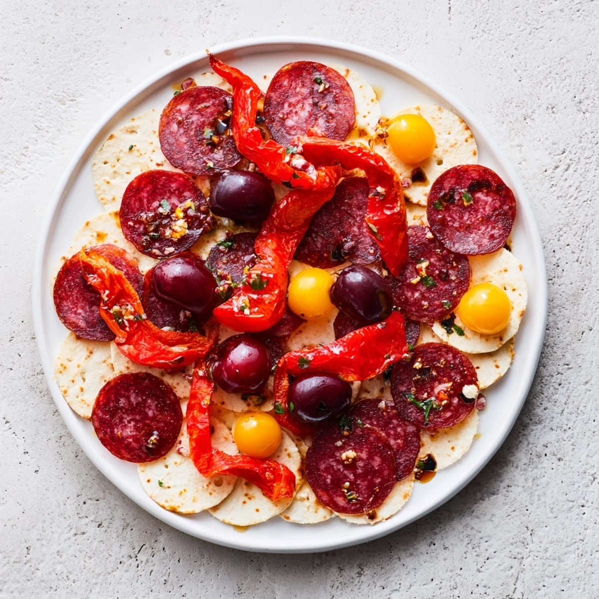Vivid image of The Crimson Tide appetizer: Red chorizo, peppers, and cherries, ready to enjoy.