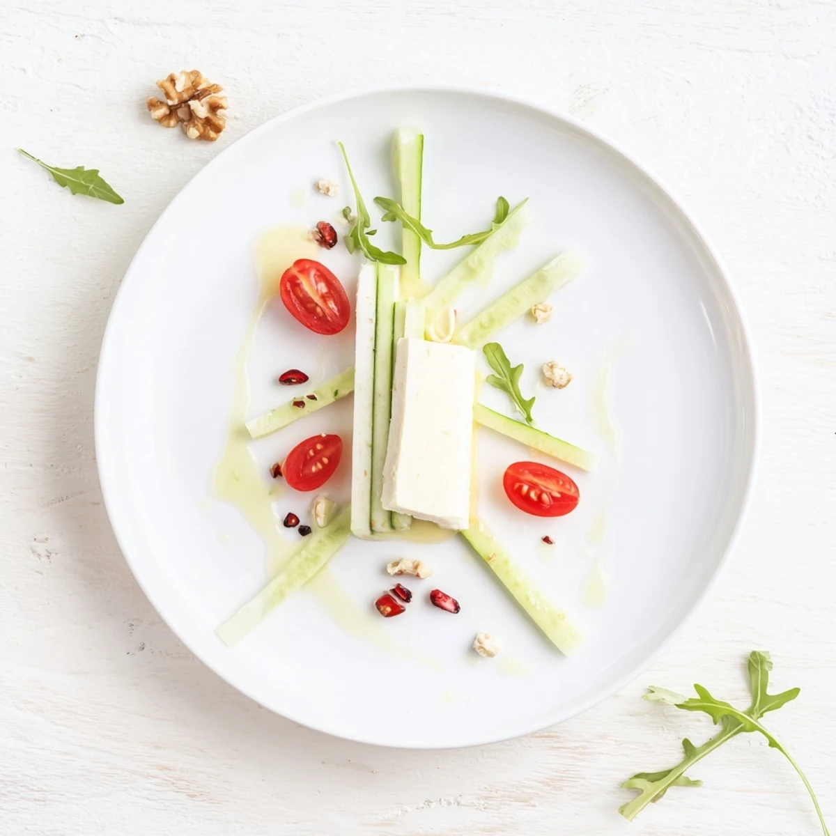 A visually striking Zenith Point salad featuring a creamy artisanal cheese wheel centerpiece.