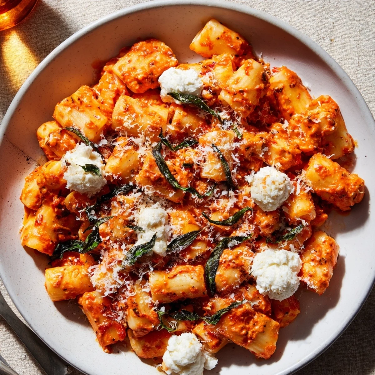 Festive Creamy Roasted Red Pepper Santa Hat Pasta topped with snowy ricotta, ready to enjoy.