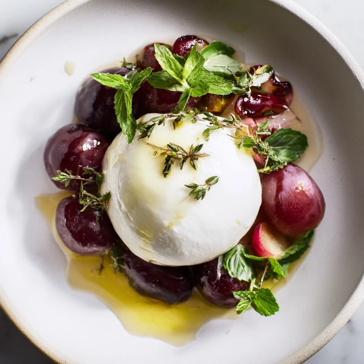 Delectable Moonlit Lagoon salad features a burrata "moon" surrounded by glistening fruit.