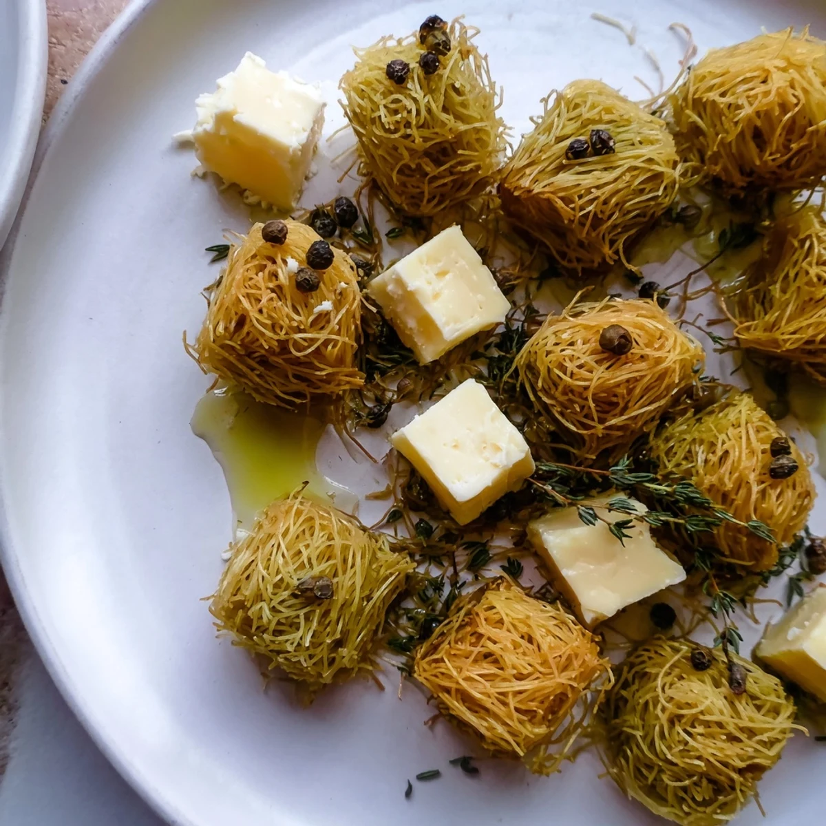 Golden, crispy phyllo nests beautifully hold rustic farmhouse cheeses, presenting The Rustic Barnyard appetizer.