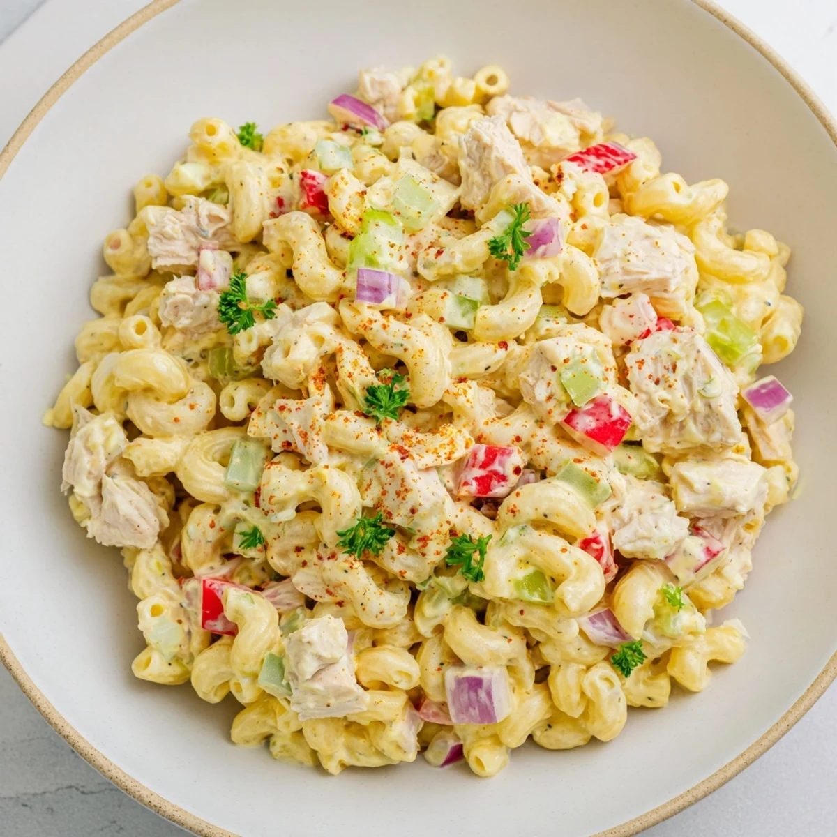 Creamy chilled Chicken Macaroni Holiday Salad, perfect for a potluck, with parsley garnish and paprika.