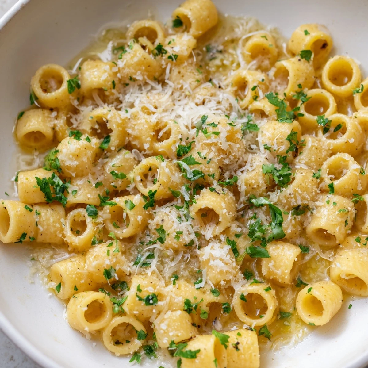 A steaming bowl of One-Pot Garlic Butter Ditalini, showcasing tender pasta in a garlic-infused broth.
