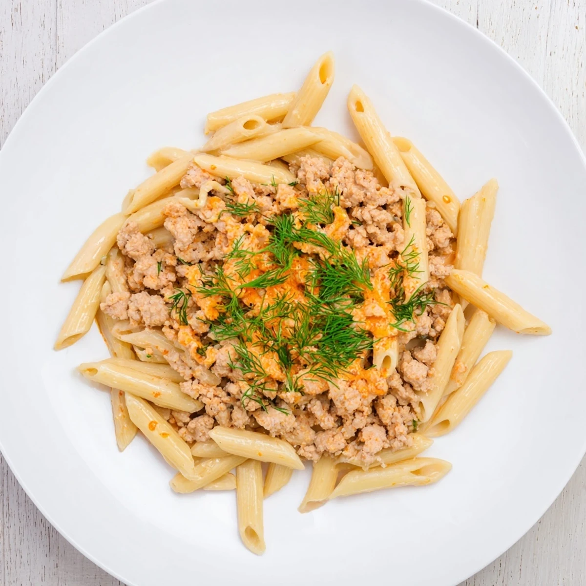 A close-up of the delicious Turkish Pasta with Ground Turkey showing the creamy yogurt and spiced meat.