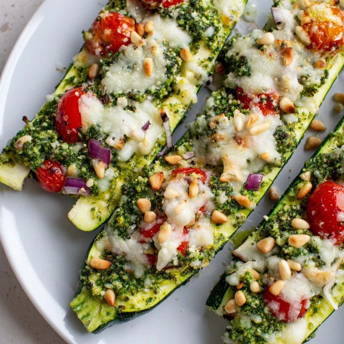 Melting mozzarella atop flavorful cheesy pesto zucchini boats, a delicious vegetarian recipe bursting with fresh flavors.