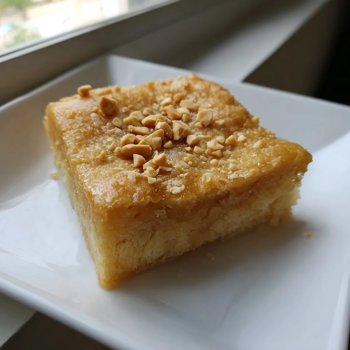 Warm, freshly baked Peanut Butter Mochi Cake, with a subtle coconut aroma and a delightful, bouncy texture.
