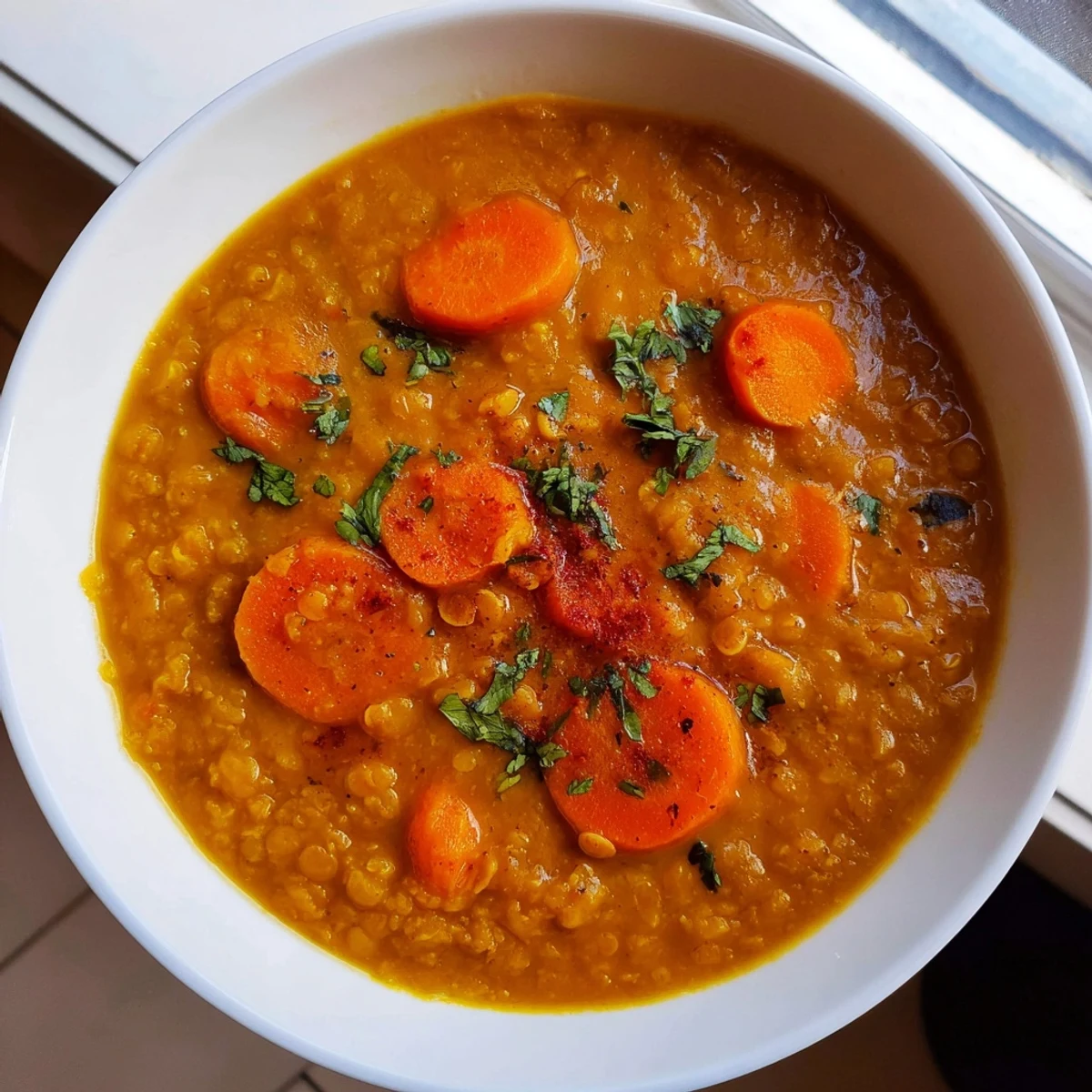 Hearty Spiced Carrot Lentil Soup, ready to serve, featuring a rich broth and tender carrots.