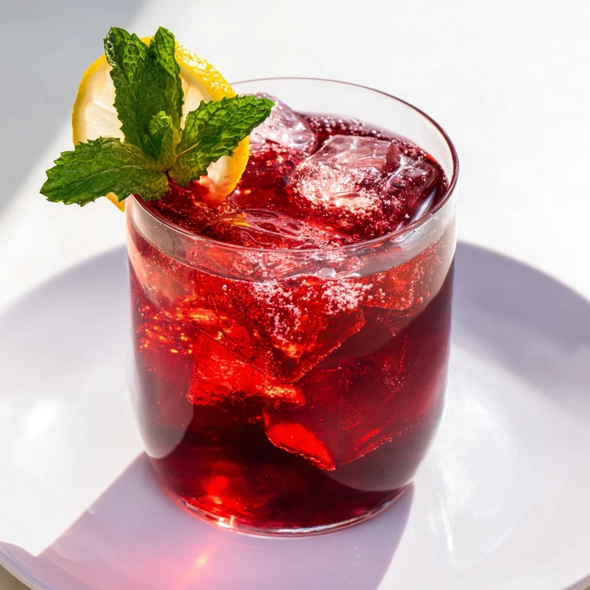 Vibrant red Sleepy Girl Cherry Mocktail, a refreshing blend perfect for a relaxing evening ritual before bed.