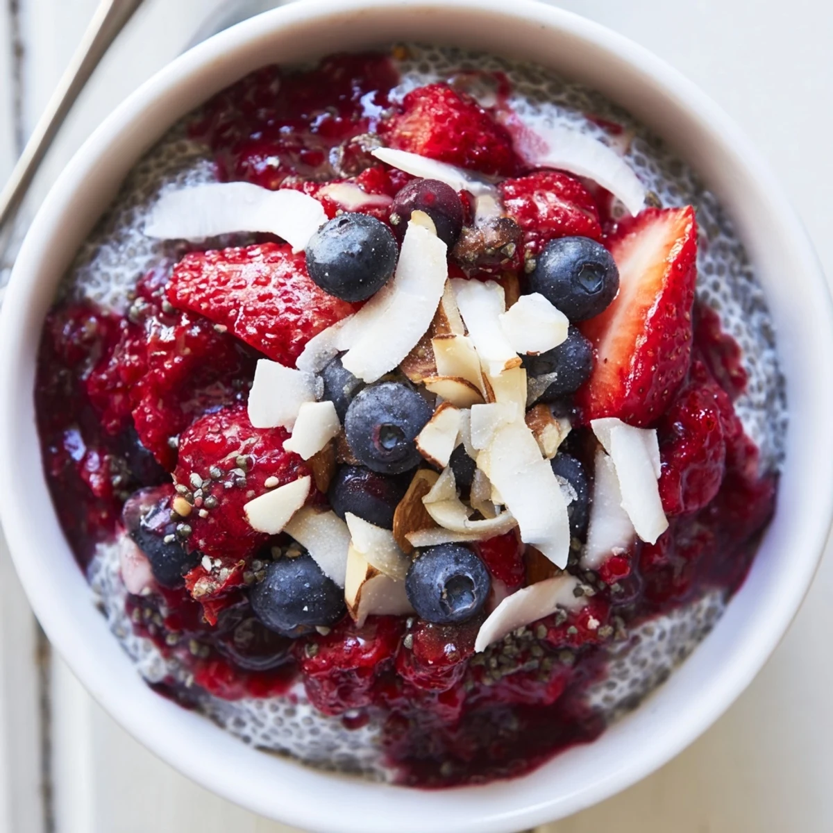 Creamy berry chia pudding layered with fresh berries and coconut flakes, a beautiful breakfast.