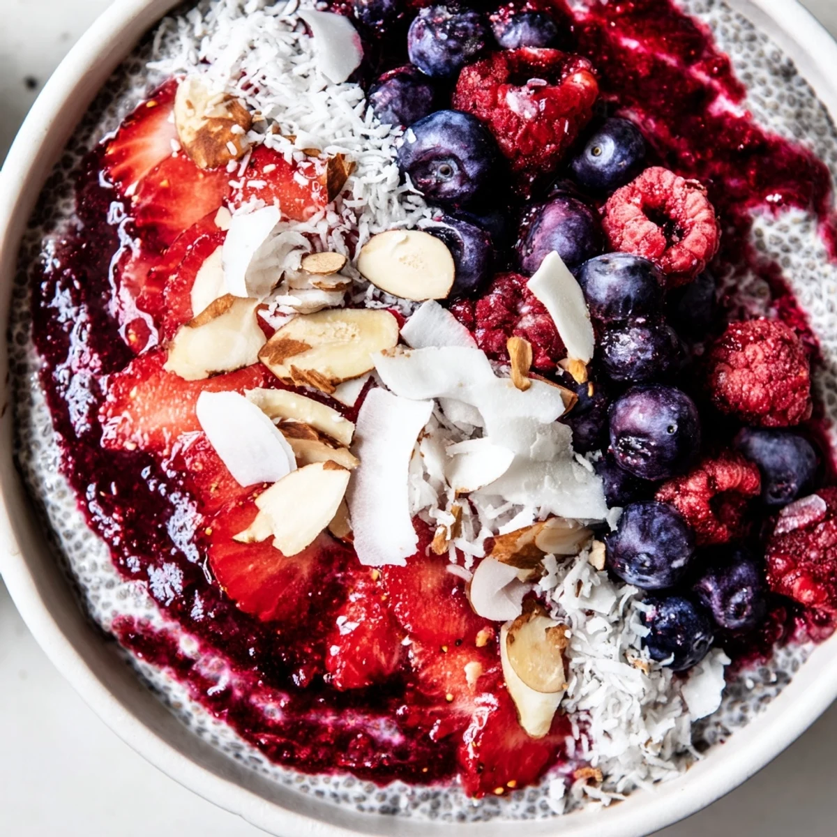 A jar of chilled berry chia pudding, bursting with vibrant colors and rich textures.