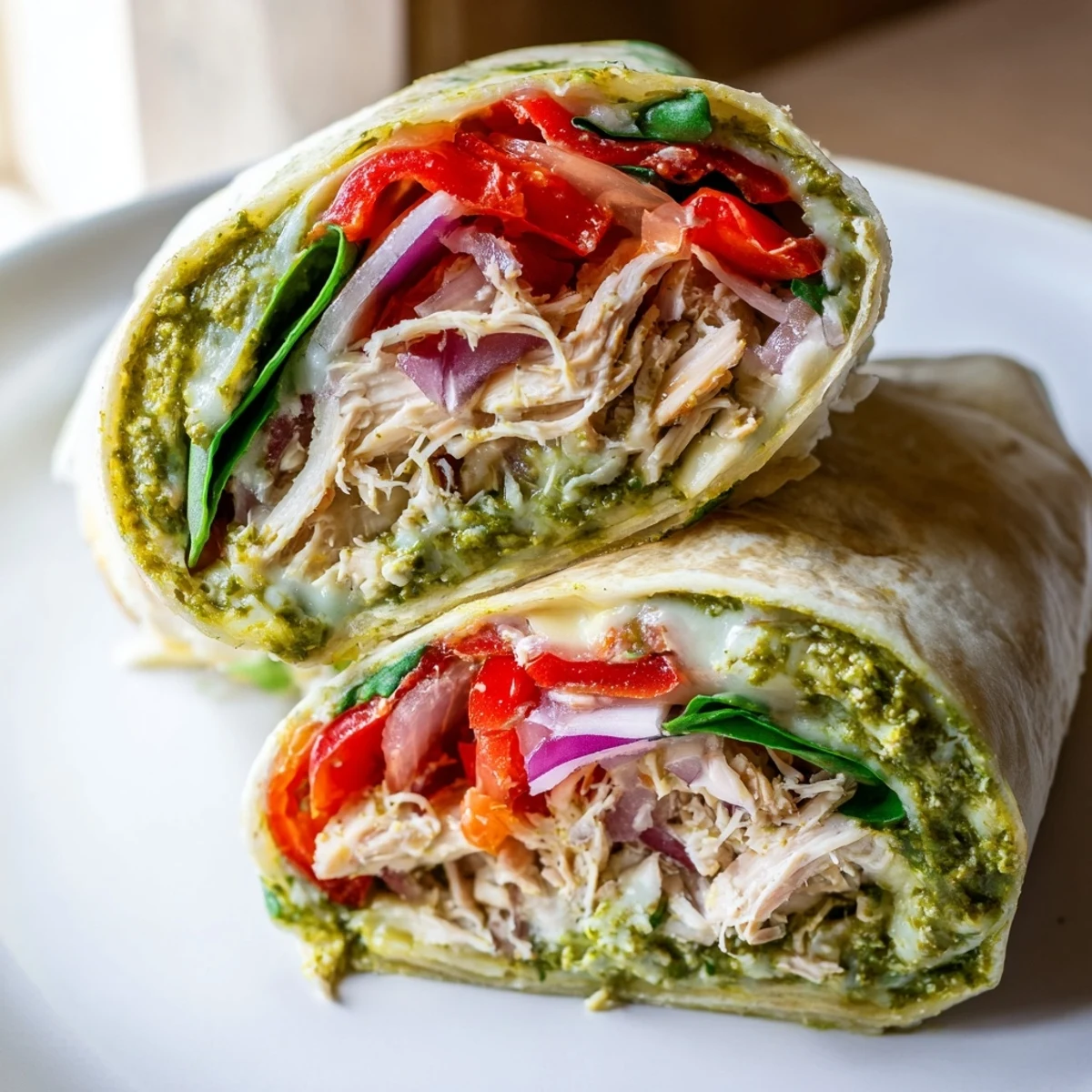 Golden-brown pesto chicken wrap, filled with vibrant veggies, perfect for a quick lunch.