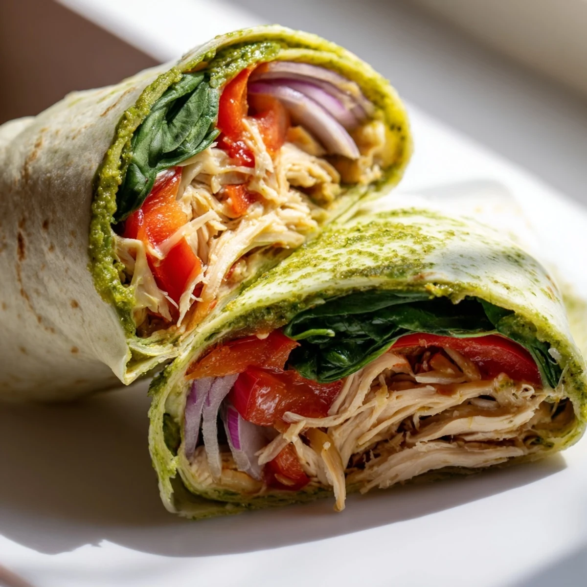 Freshly assembled pesto chicken wrap, showcasing layers of chicken, pesto, and colorful vegetables.