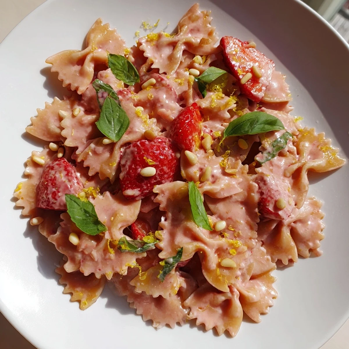 Perfectly cooked pasta coated in a luscious Strawberry Sour Cream sauce, ready to serve and enjoy.