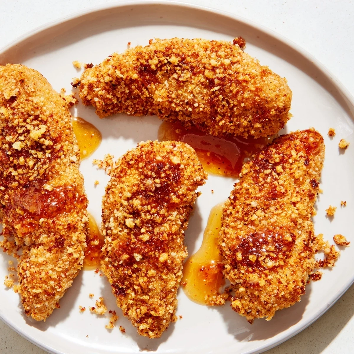 A close-up of perfectly air-fried crispy panko chicken tenders, savory and sweet.