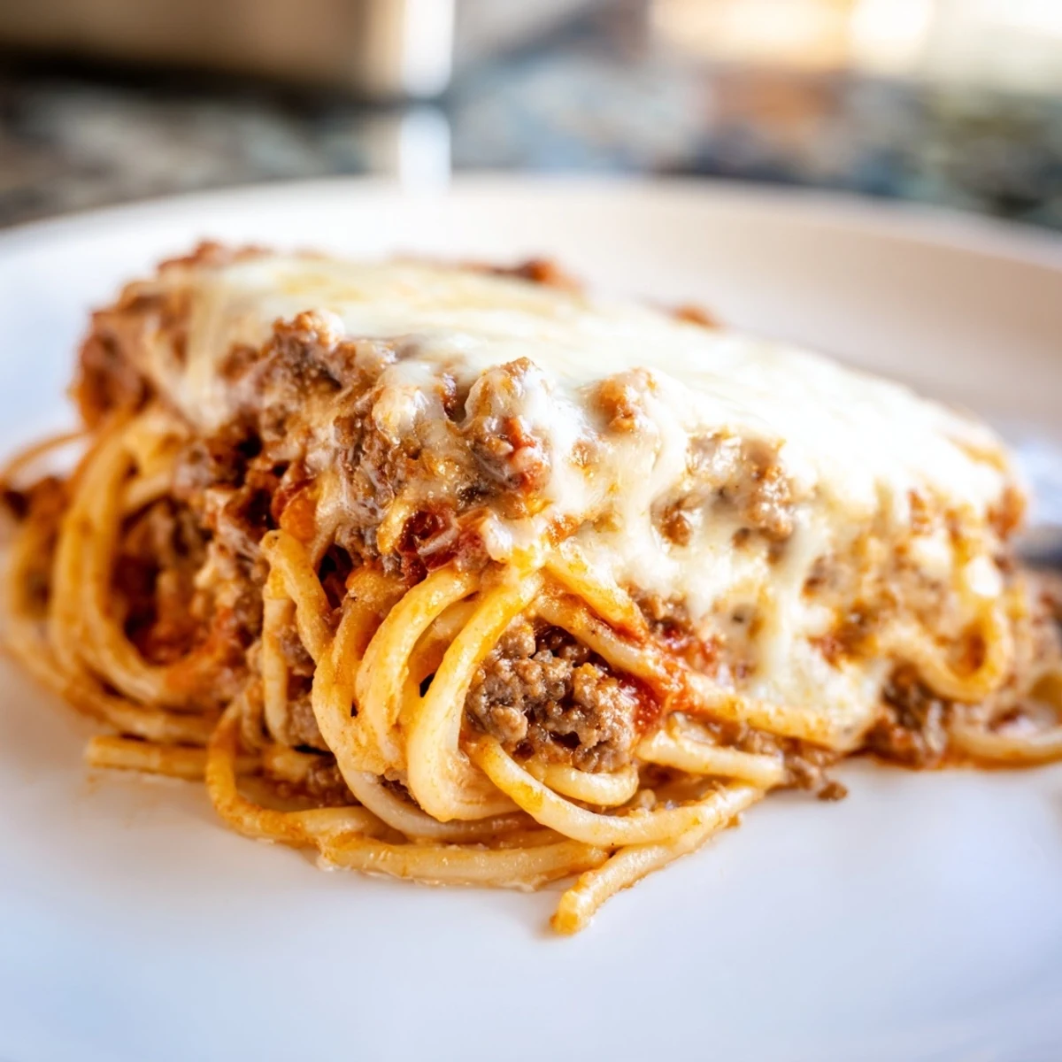 Rich and savory, the fully baked Million Dollar Spaghetti features melted cheese with a browned crust.