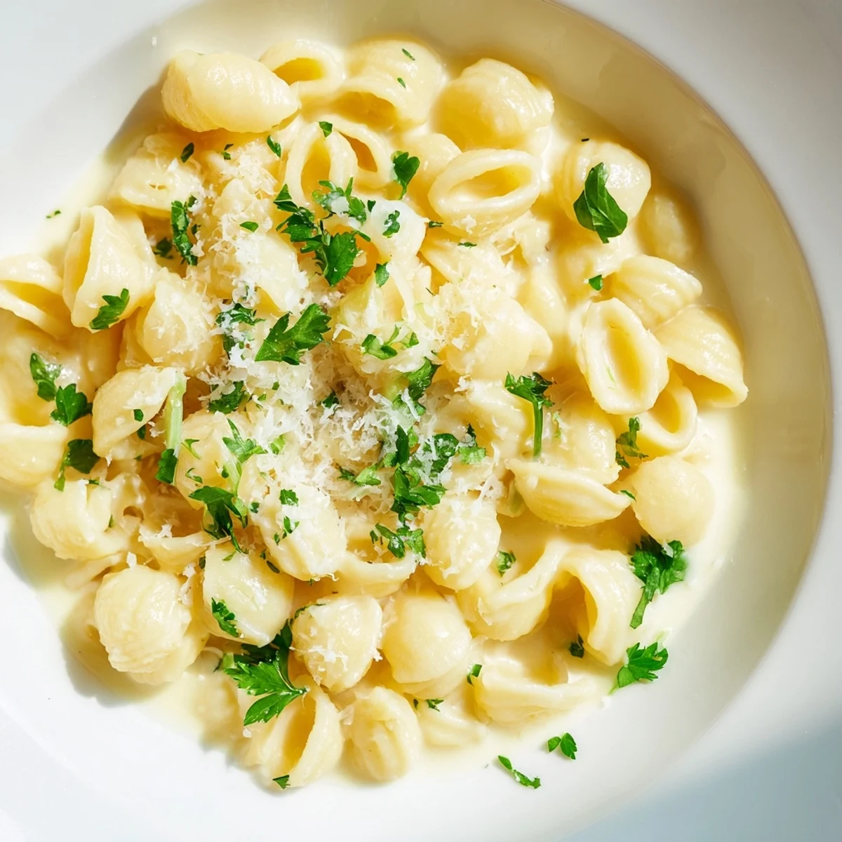 Creamy garlic ditalini pasta, a comforting bowl, garnished with fresh parsley and Parmesan.