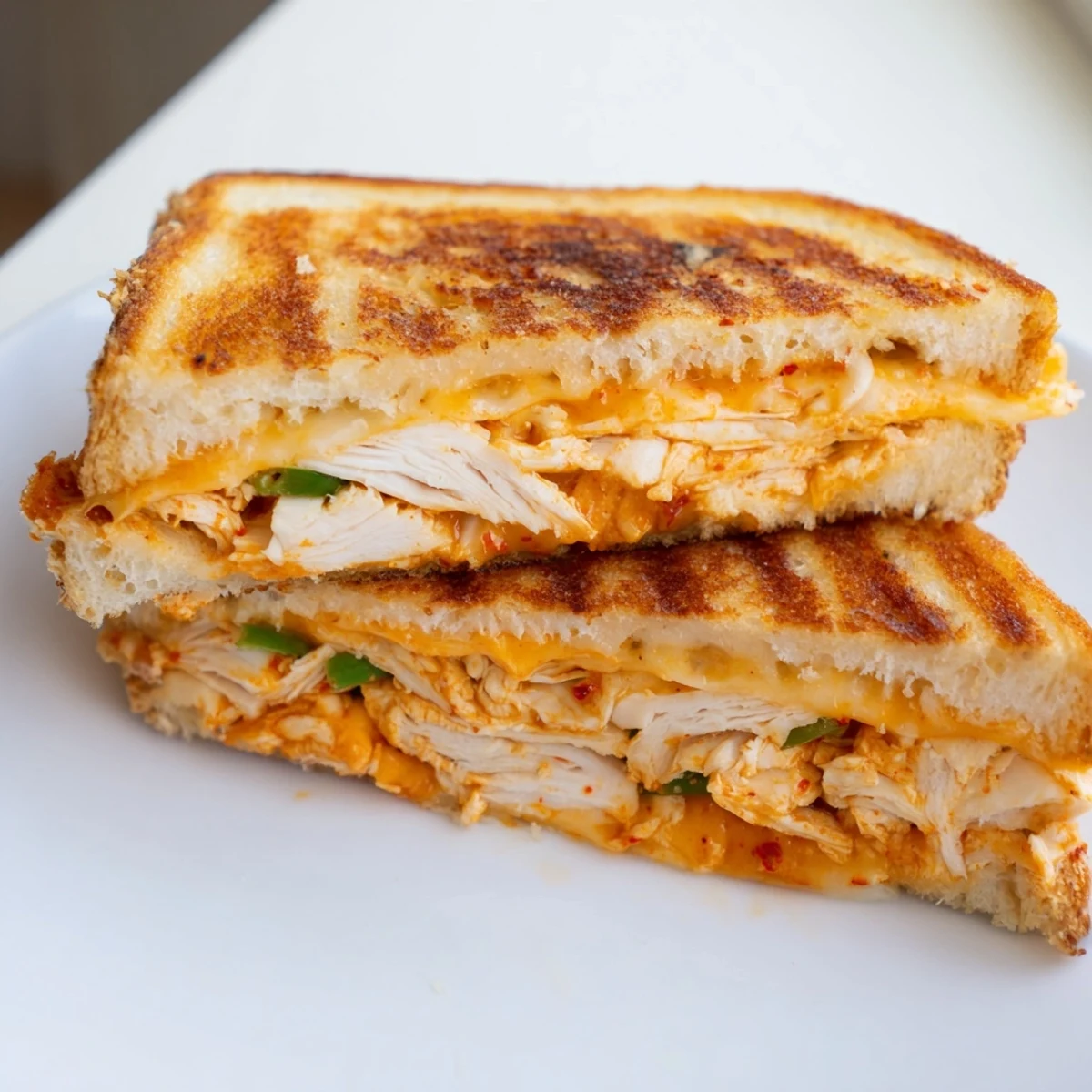 Spicy Gochujang Mayo Chicken Sandwich grilled cheese oozing melty cheese, perfect for a satisfying lunch.