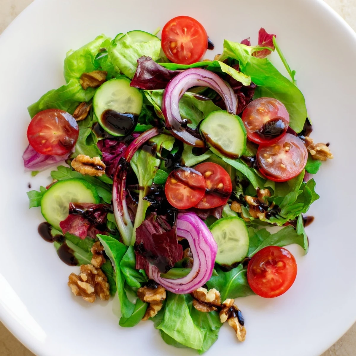 Fresh and vibrant Quick Balsamic Vinegar Salad, tossed in a tangy balsamic glaze and ready to enjoy.