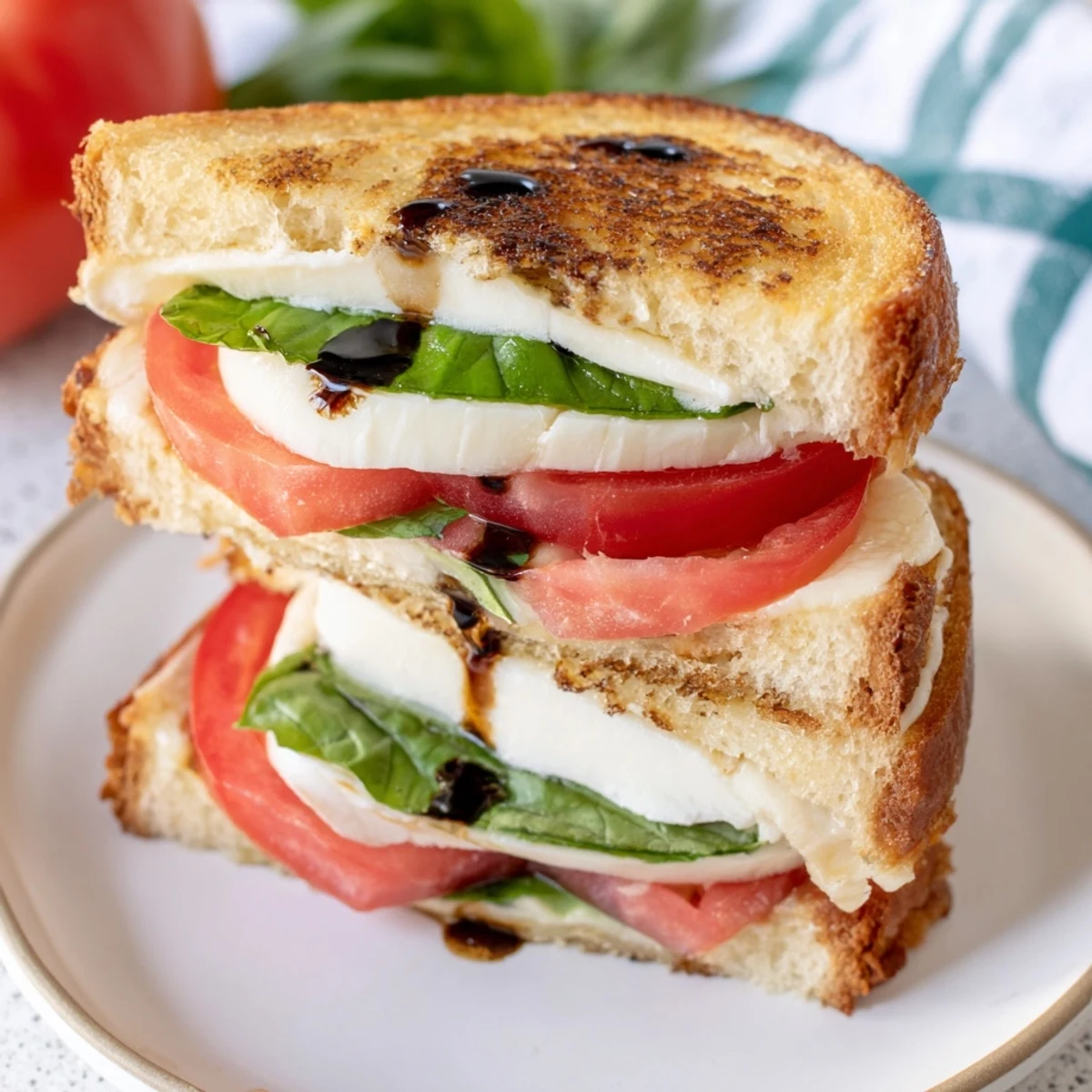 Golden, crusty Caprese Salad Grilled Cheese, oozing melted mozzarella and ripe tomatoes, ready to enjoy.