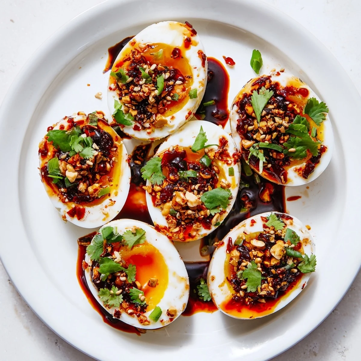 Close-up of vibrant Chili Oil Eggs, the rich red oil glistening on perfectly jammy yolks.