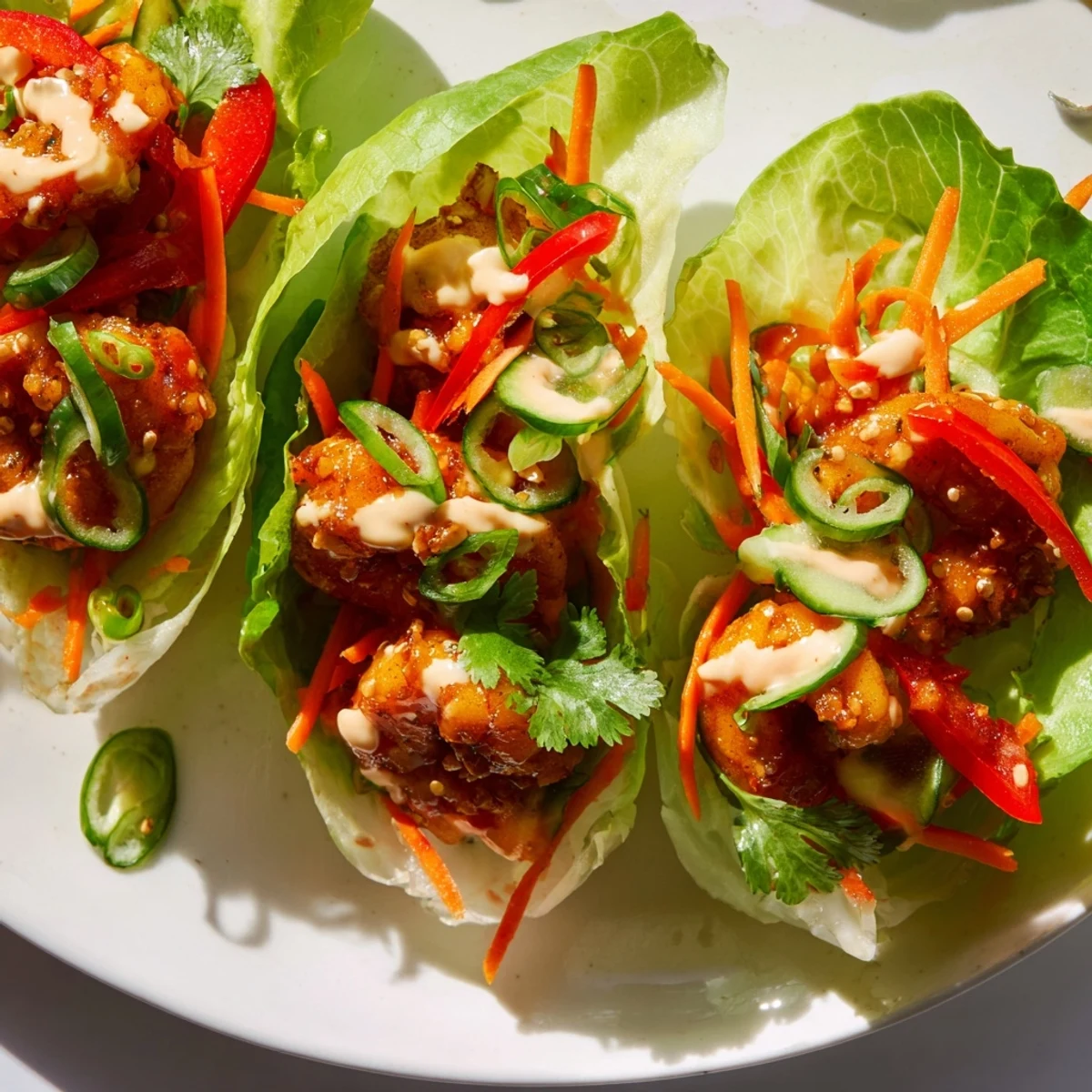 Delectable shrimp lettuce cups showcasing juicy shrimp and crunchy vegetables arranged artfully for serving.