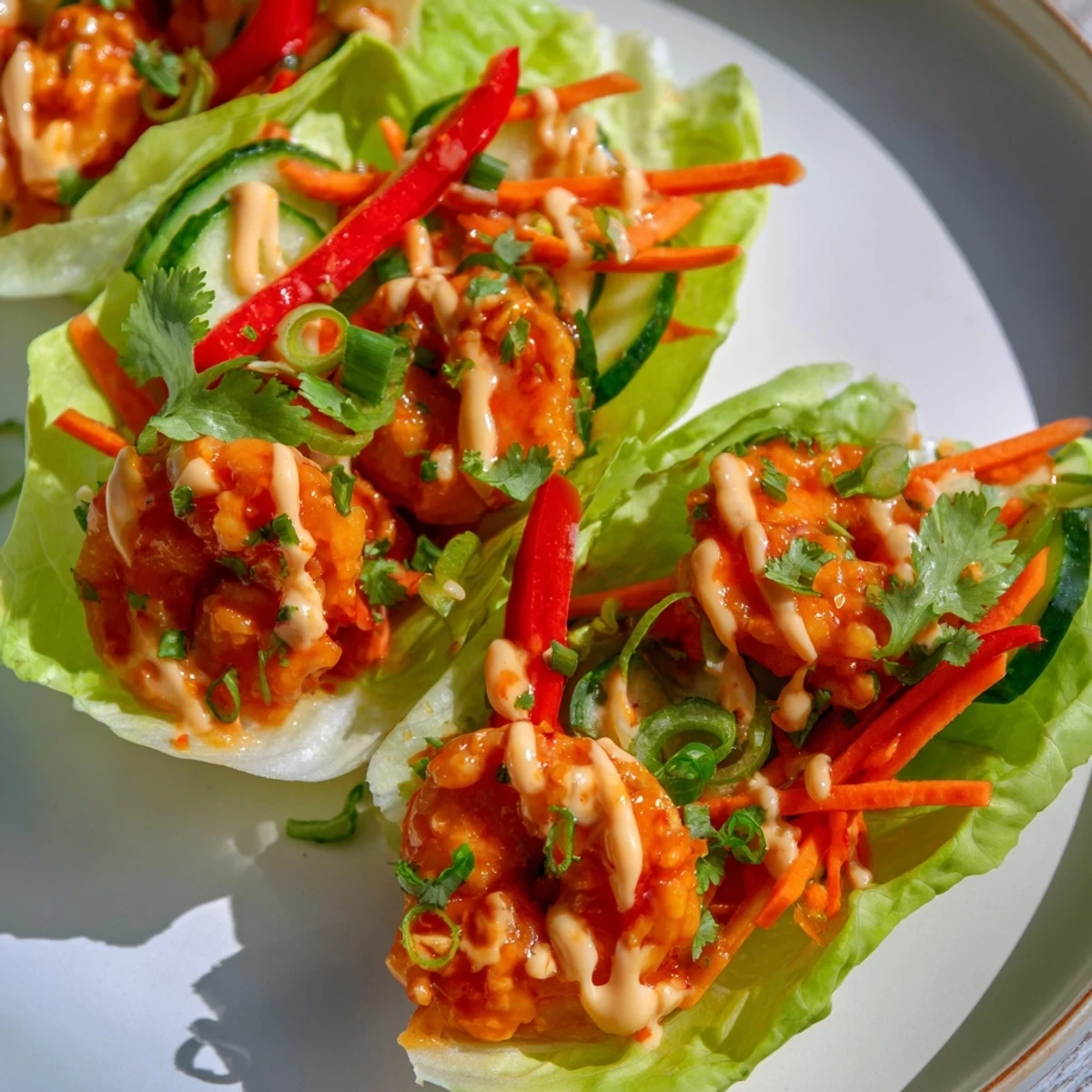 Fresh and flavorful; these shrimp lettuce cups are filled with colorful veggies and creamy sauce.