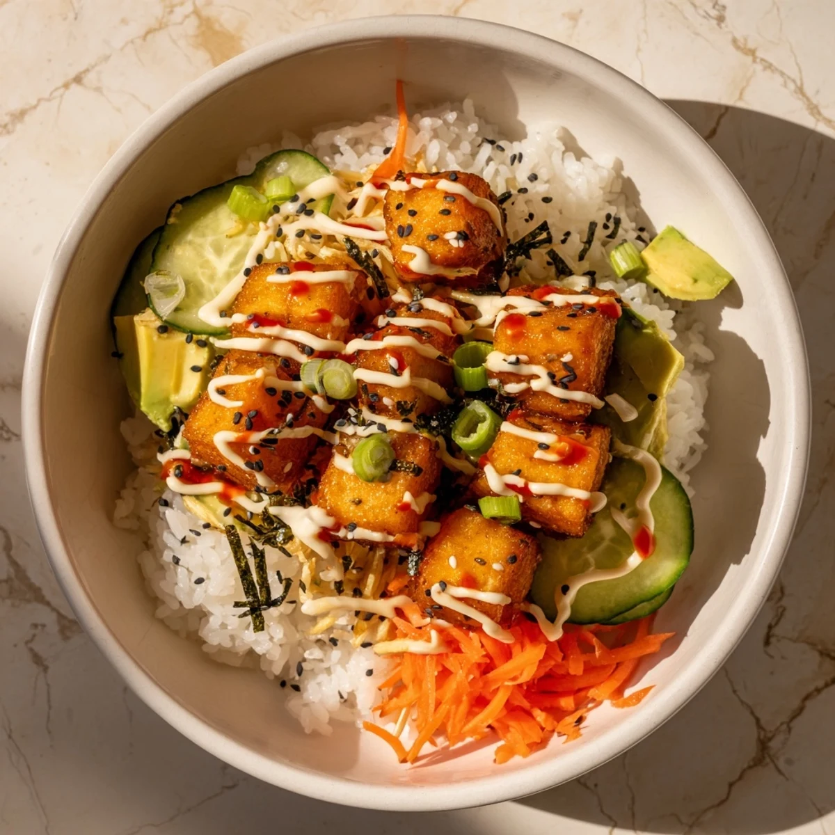 Crispy, golden salmon bites bowl, a colorful plate of tender salmon atop fluffy rice.