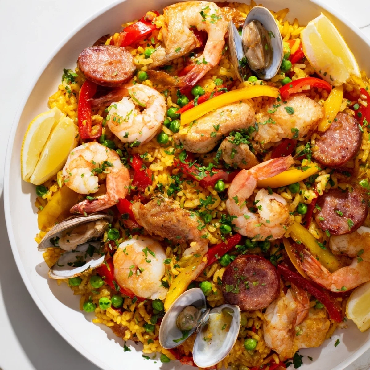 A close-up view displaying a steaming pan of delicious Paella Spanish Rice, ready to serve and enjoy.