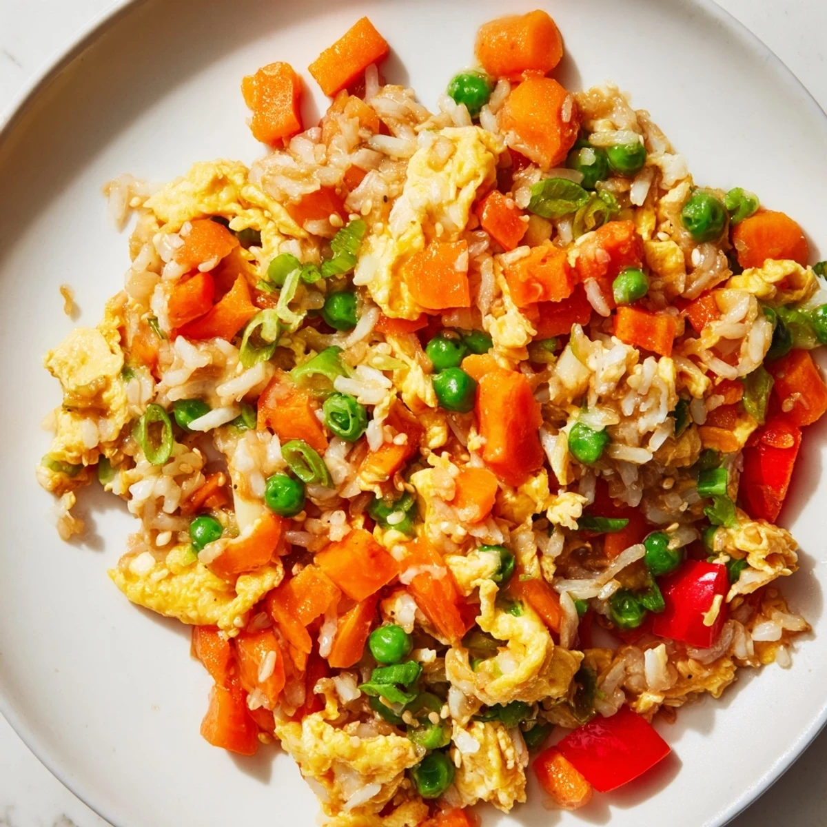 A bowl of delicious Egg Fried Rice, featuring tender scrambled eggs and vibrant peas, perfect for dinner.