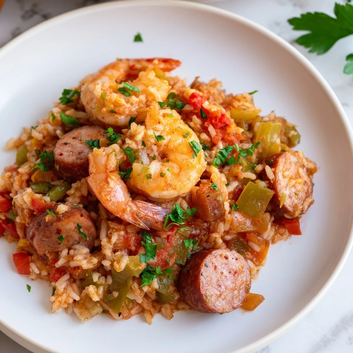 Steaming jambalaya skillet, a Creole classic, loaded with shrimp, sausage, and bright bell peppers.