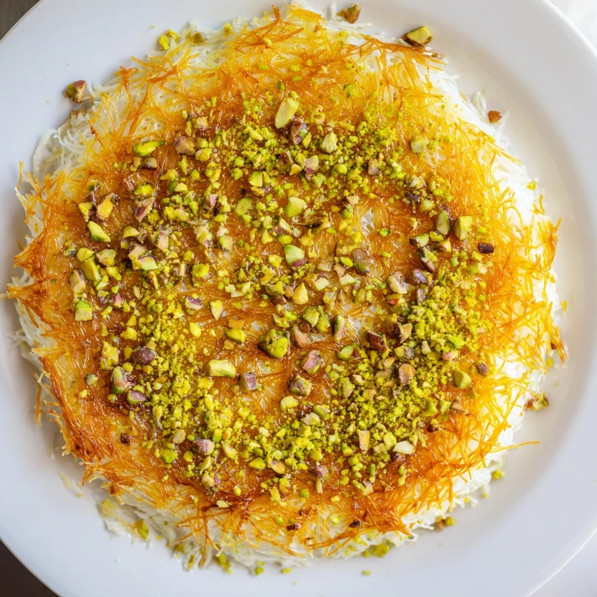 Close-up of a delightful Lebanese Knafeh; the cheese filling inside looks unbelievably stringy.