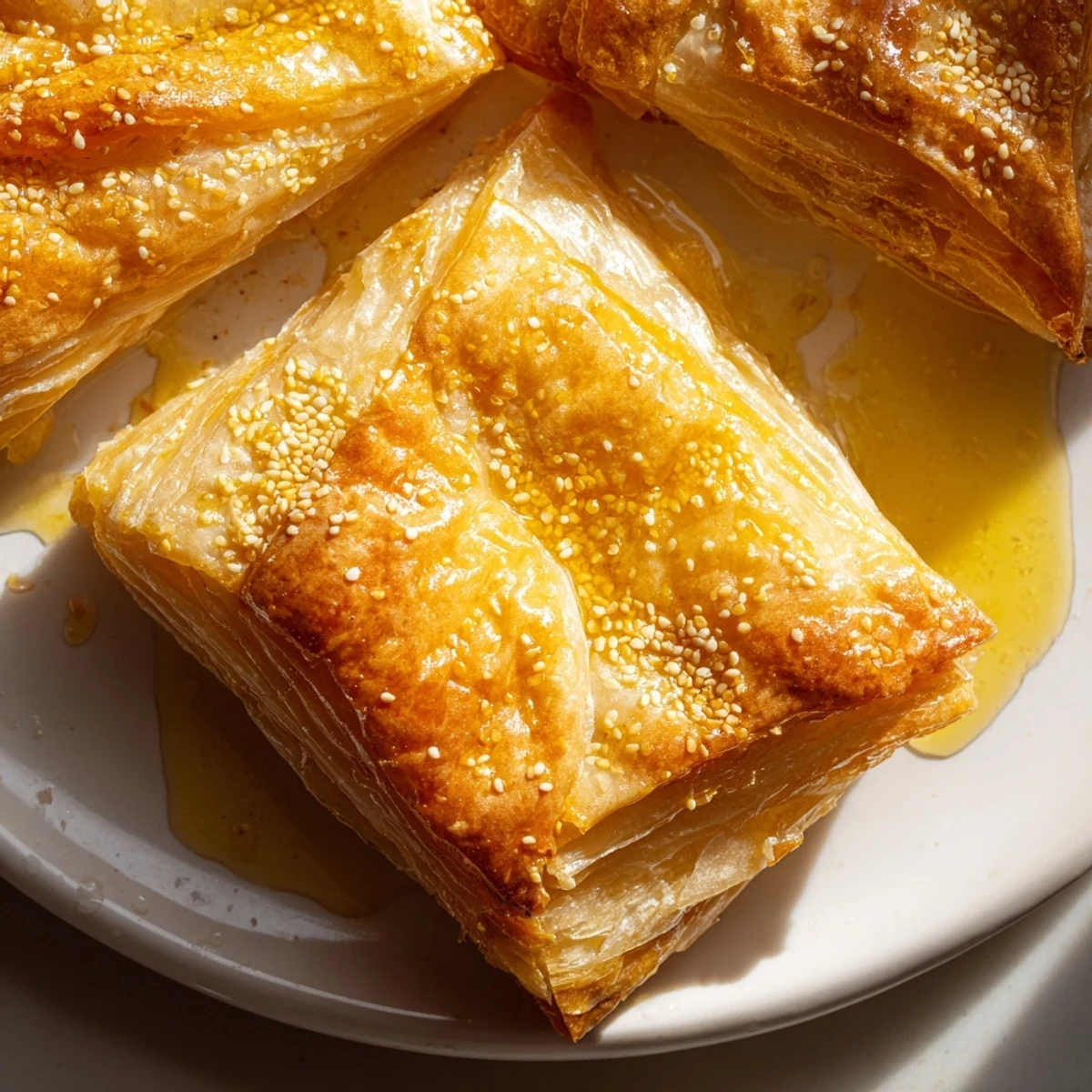 Golden, crispy Moroccan Msemen pastry, still warm, with layers flaking, glazed with honey.