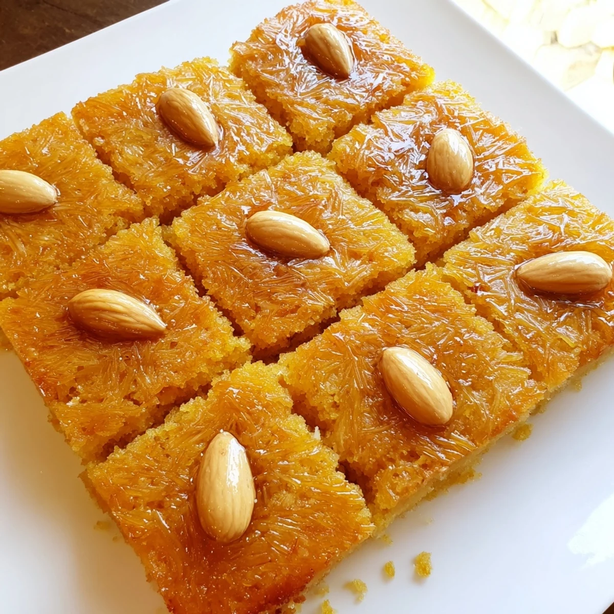 Golden-brown Egyptian Basbousa cake, moist and delicious, soaked in sweet syrup and topped with almonds.