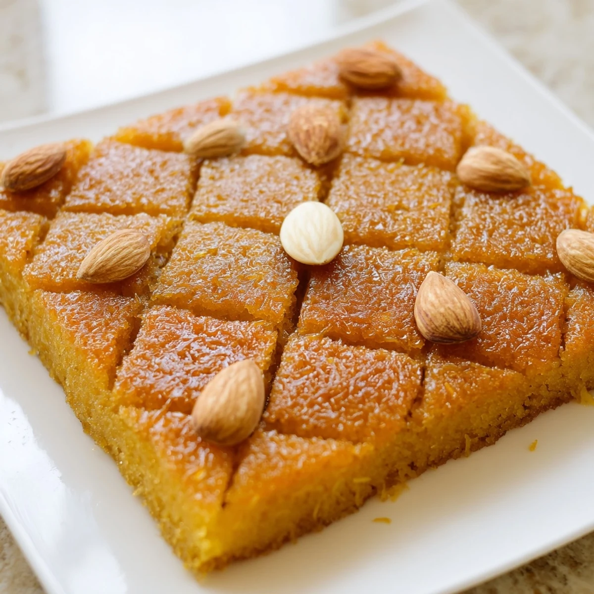 A close-up of a freshly baked Egyptian Basbousa, showcasing the texture and sweet coconut flakes.