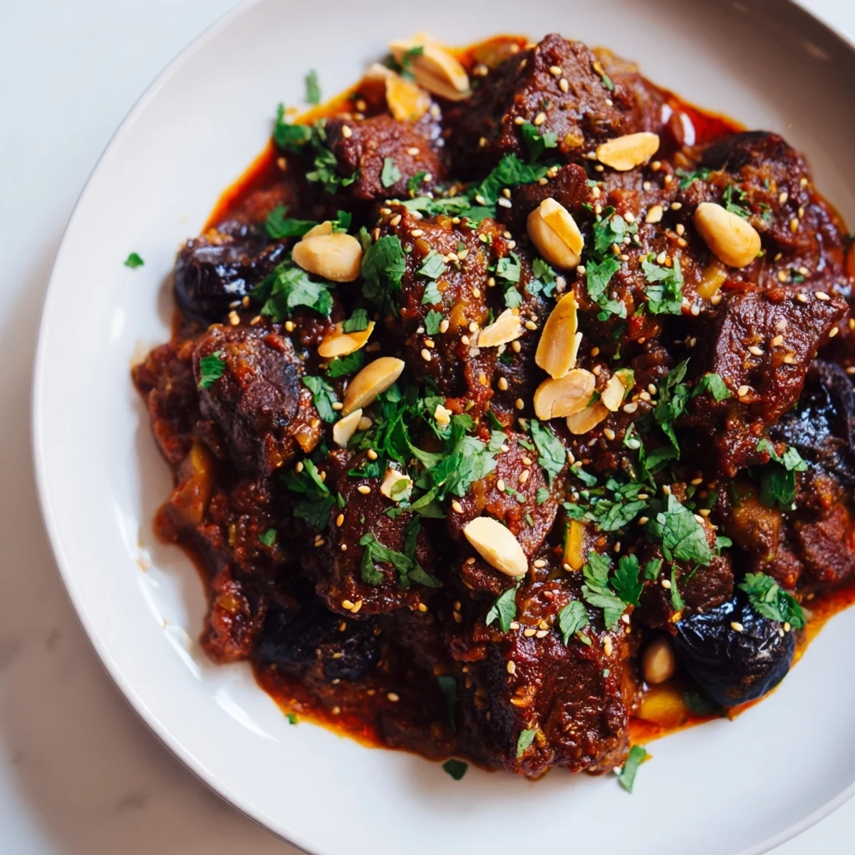 Close-up of a steaming Moroccan Lamb Tagine, showcasing tender lamb and sweet prunes.