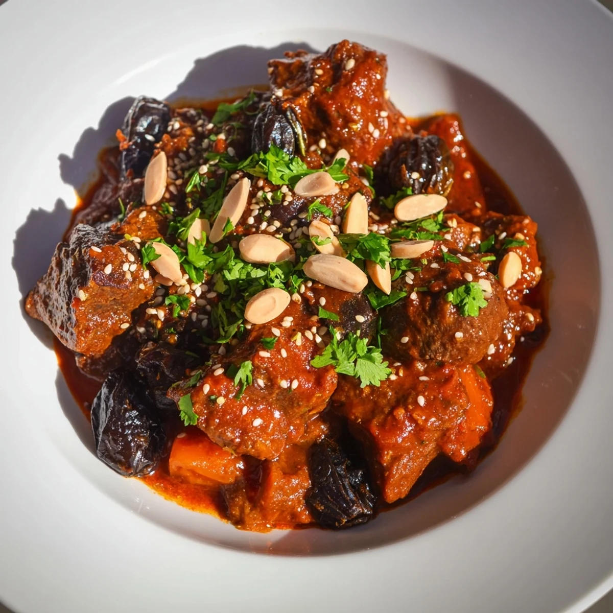 A flavorful bowl of Moroccan Lamb Tagine, rich with spices and topped with toasted almonds.