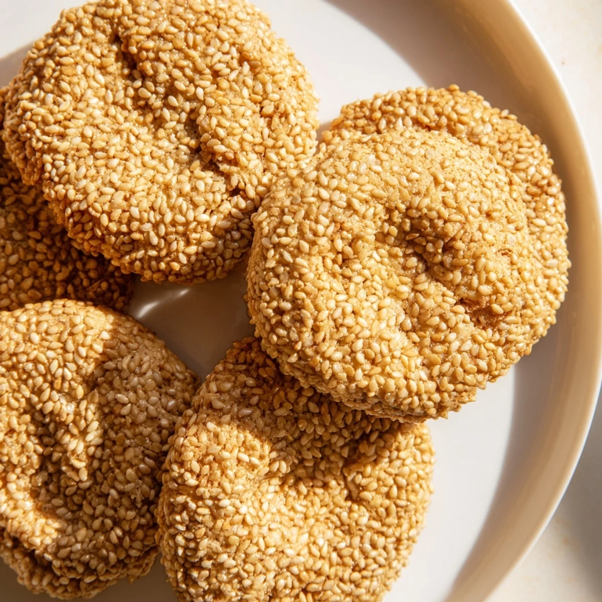 Palestinian Kahk Cookies, golden-baked and speckled with sesame seeds, perfect for a cozy afternoon treat.