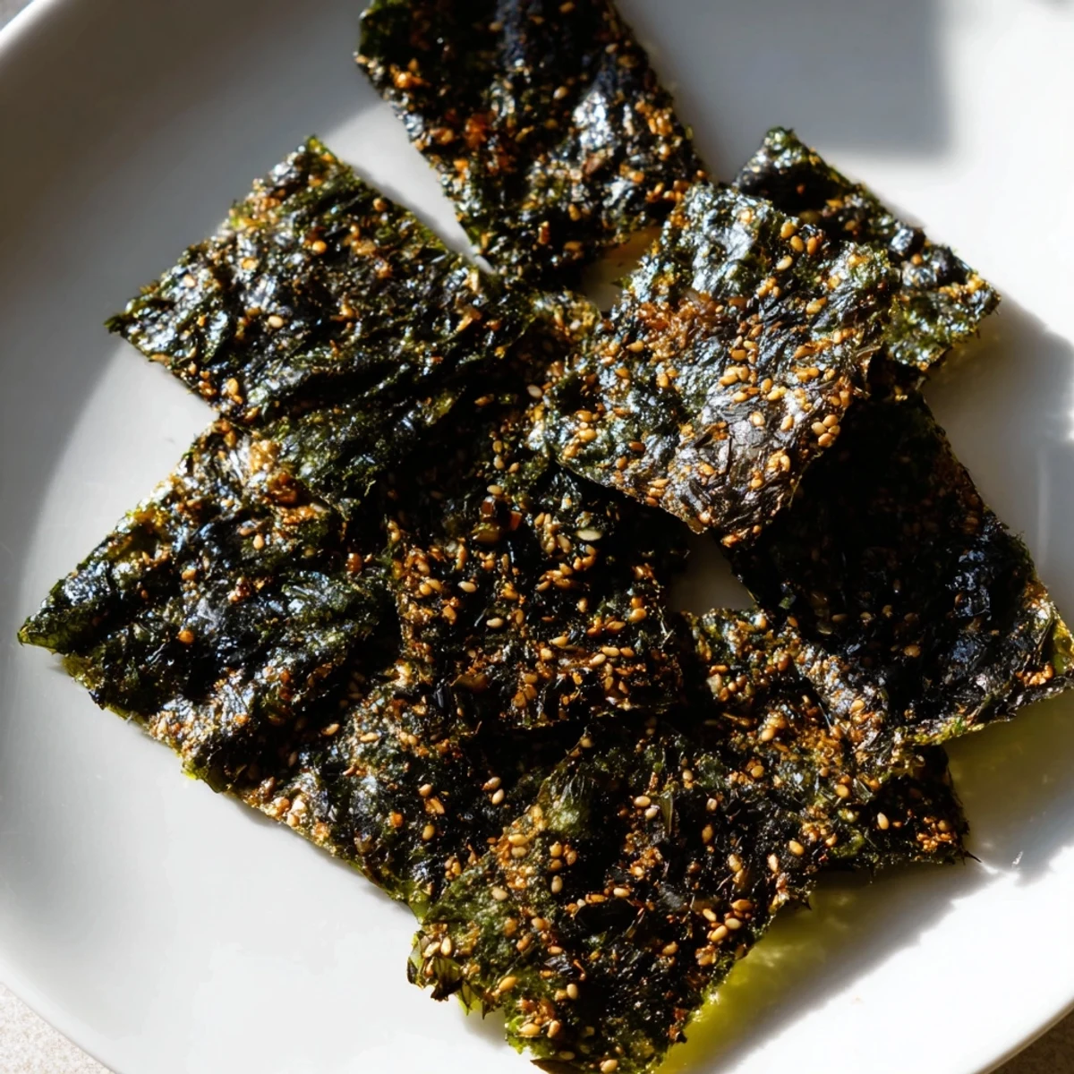 Golden, crispy Roasted Seaweed Chips glistening with oil and salt, a light and savory snack.