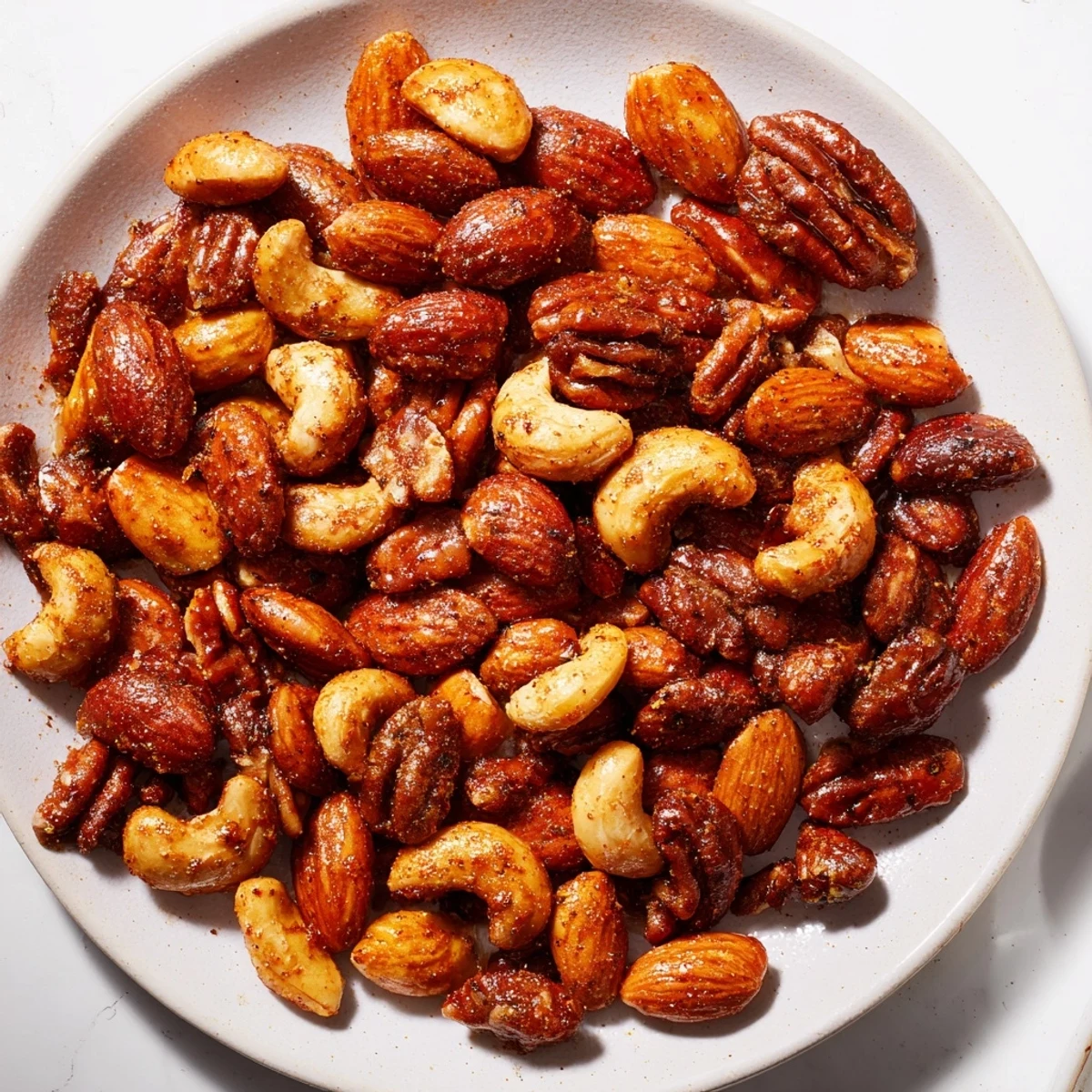 Close-up of freshly baked spiced nuts mix, glistening with honey, ready for snacking and enjoyment.