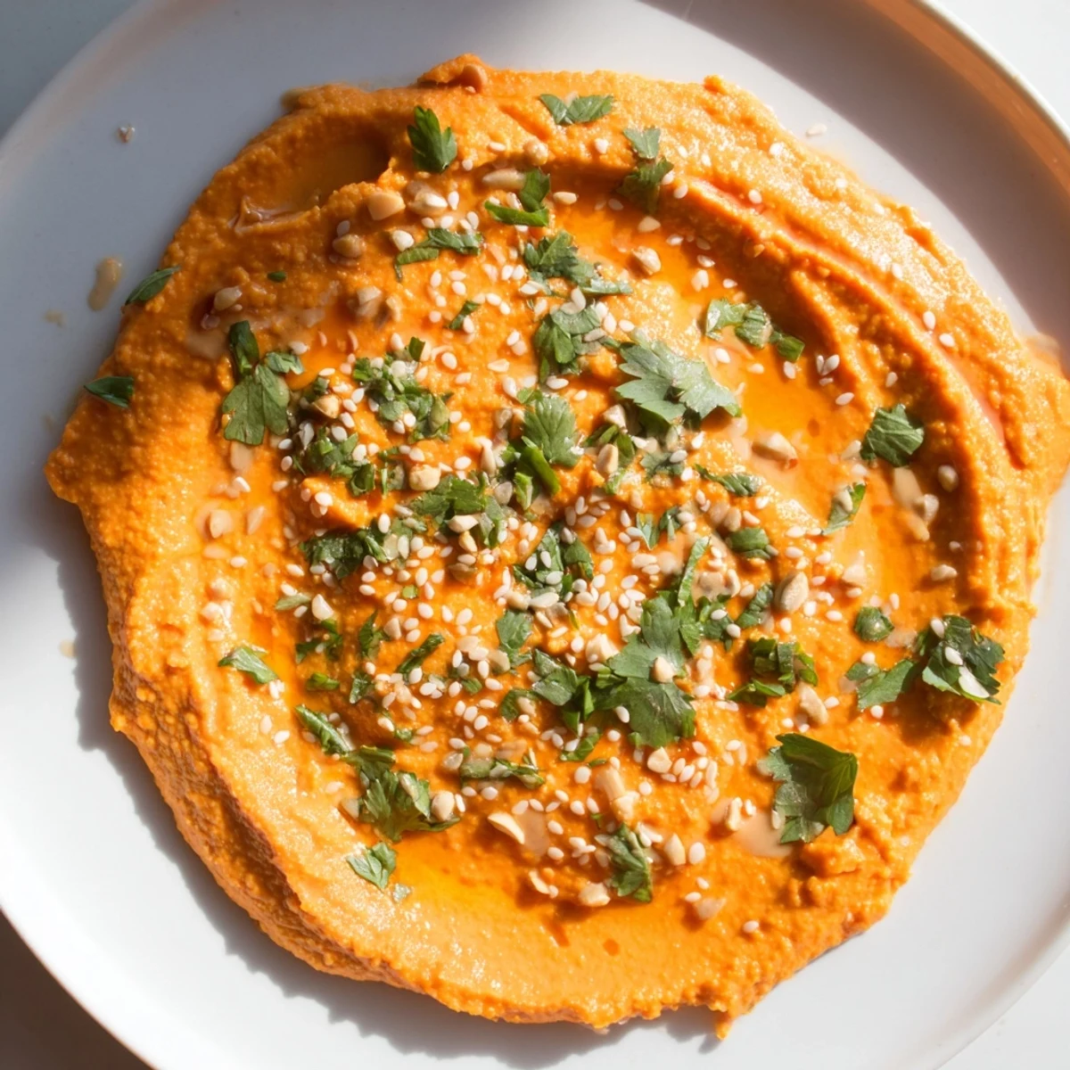 Creamy Carrot Ginger Dip, a vibrant orange, is beautifully speckled with sesame seeds and fresh cilantro.