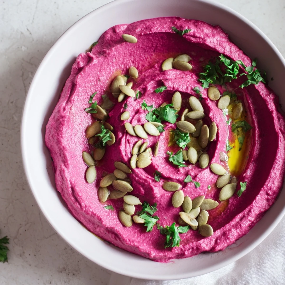 A close-up view of Beet Hummus, a naturally vegan dip with roasted beets and garnished with seeds and olive oil.