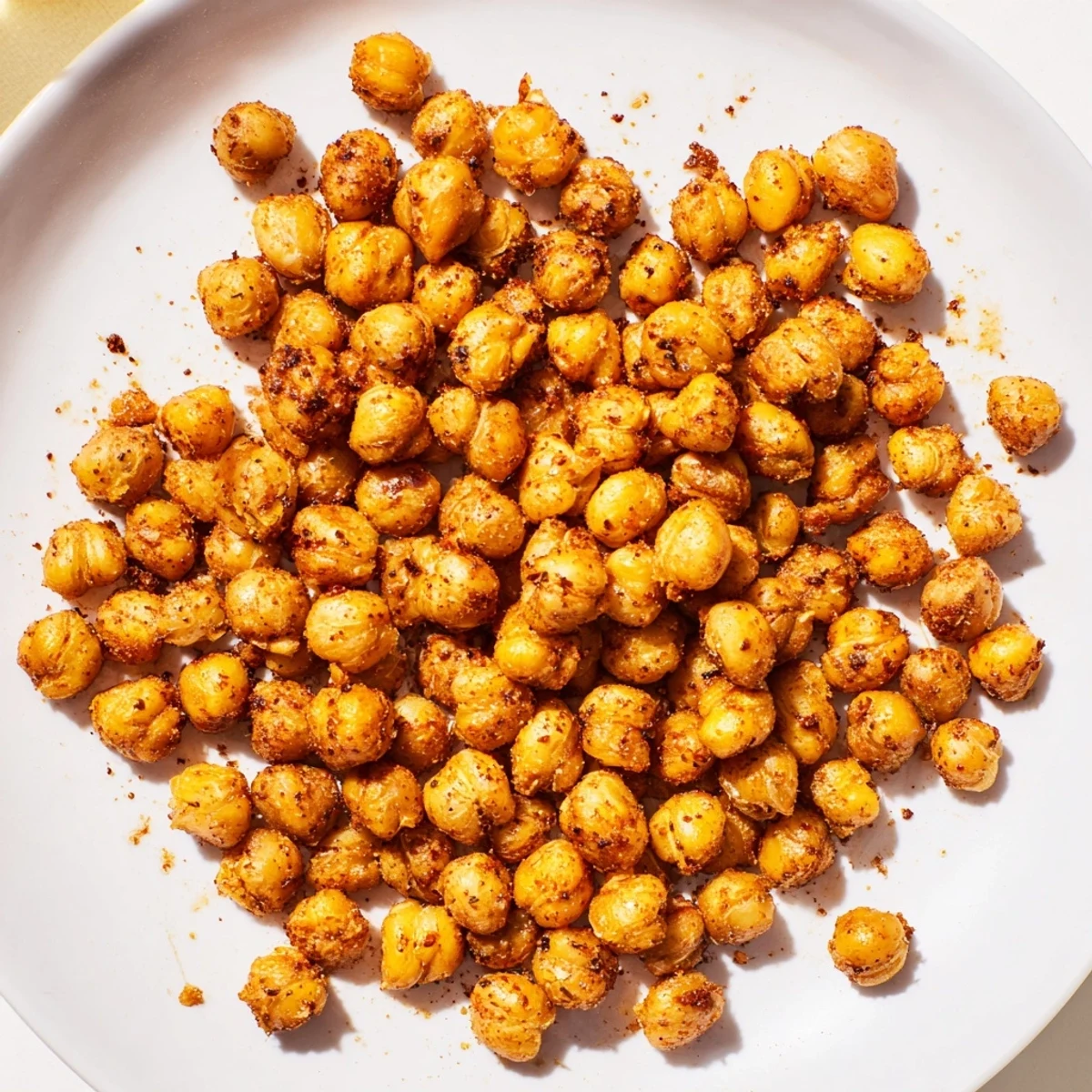 A close-up of flavorful Crispy Chickpea Snack, showing the crunchy texture and vibrant spice coating.