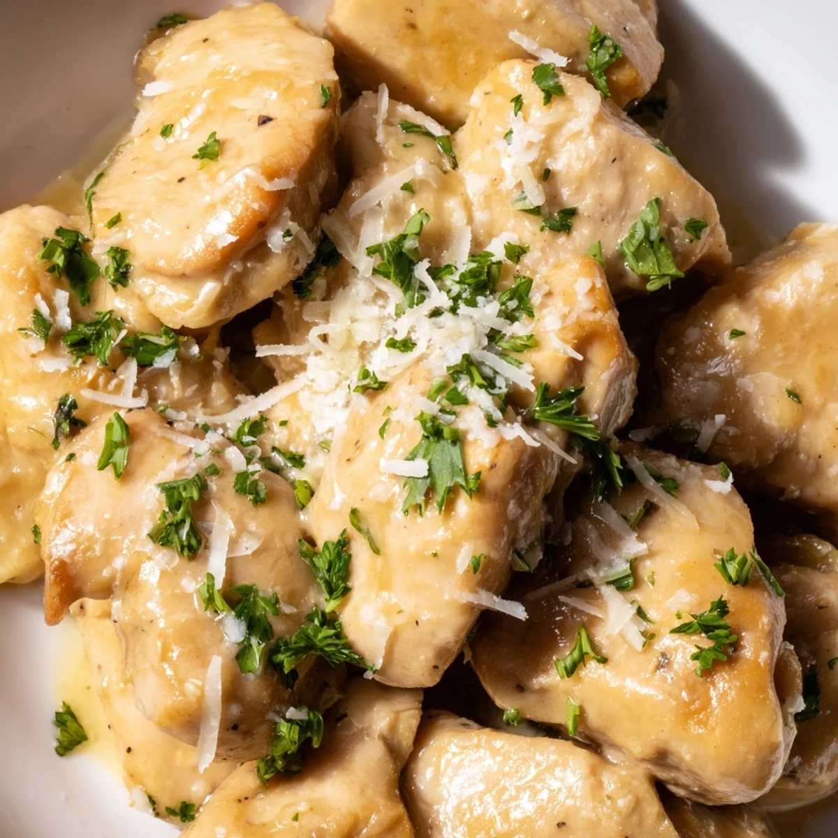 Tender chicken bites coated in creamy garlic sauce, garnished with fresh parsley, perfect for a quick weeknight skillet dinner.