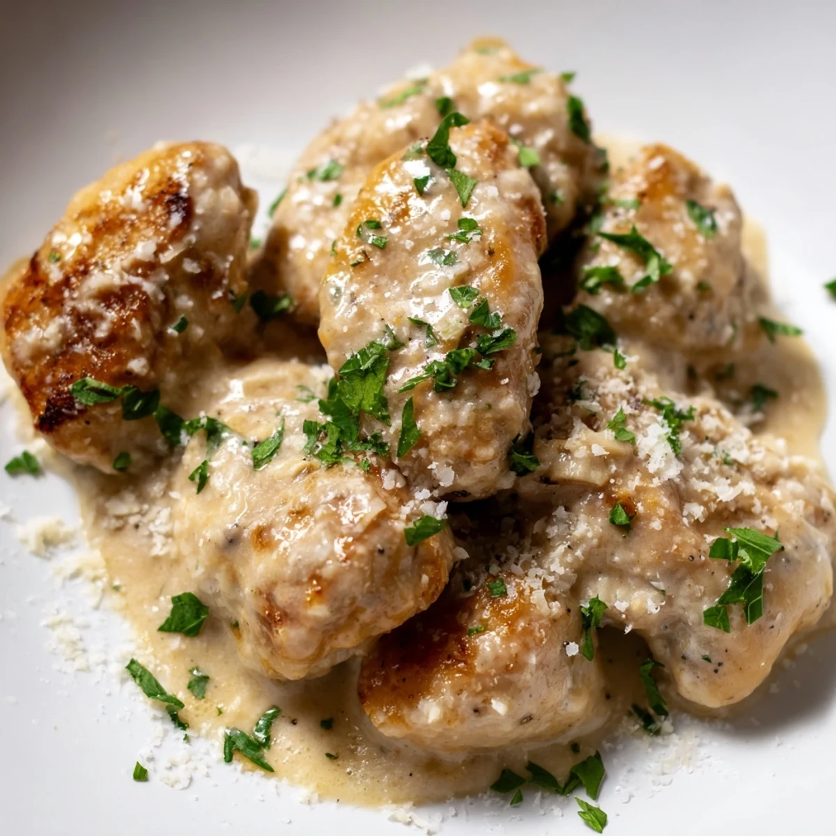 Creamy Garlic Chicken Bites simmer in a rich, golden garlic sauce, served hot with fresh parsley garnish over fluffy white rice.