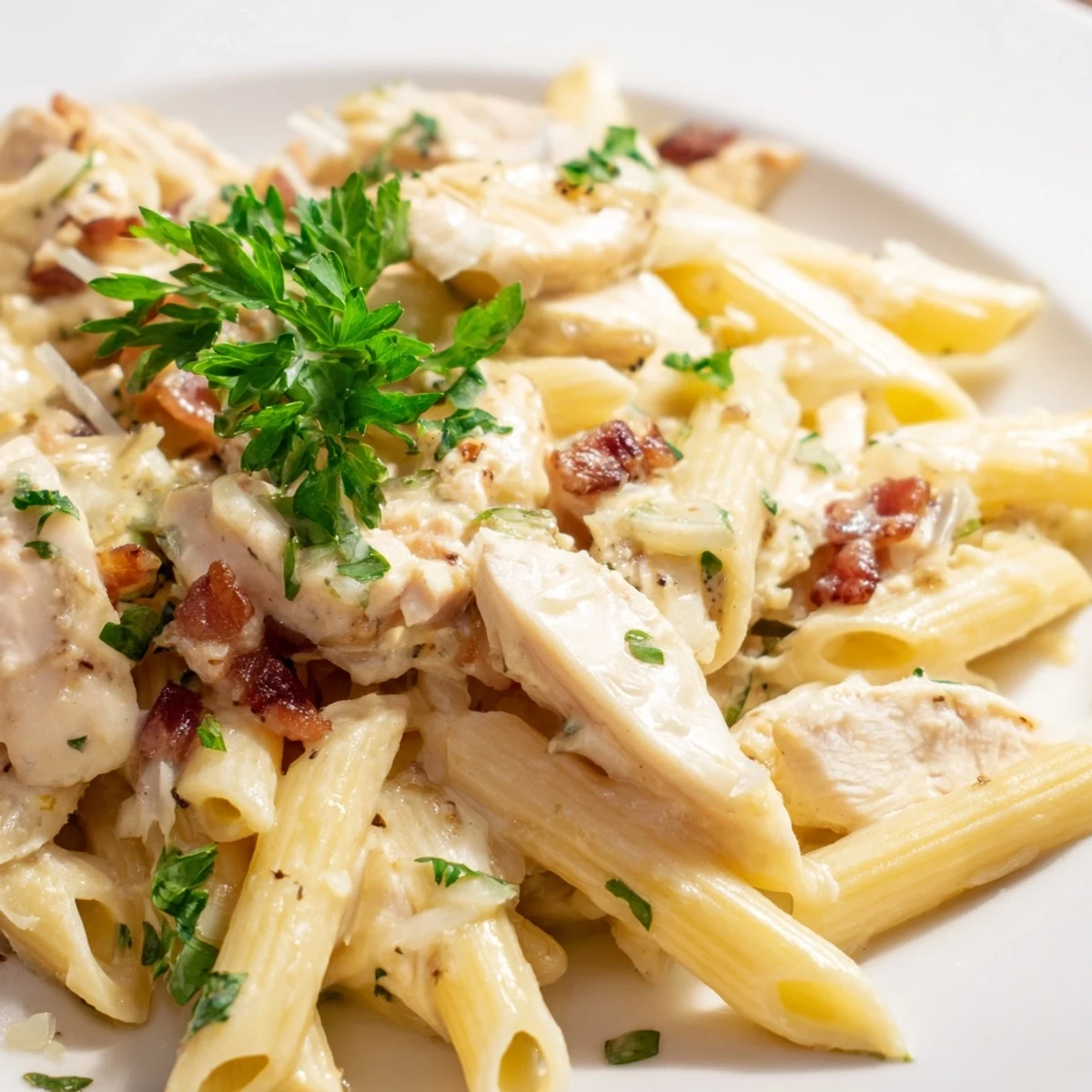 Steaming creamy chicken bacon penne pasta is tossed in a rich garlic-Parmesan sauce, garnished with fresh parsley.  