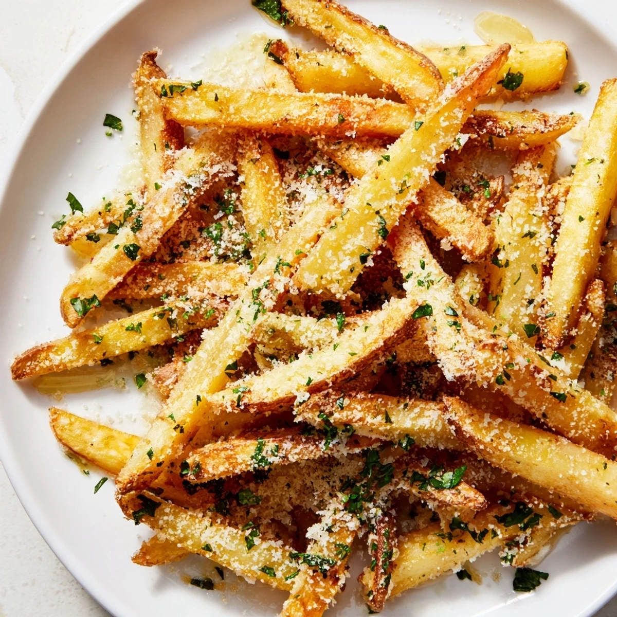 Golden-brown Truffle Parmesan Fries piled high on a plate, garnished with fresh parsley and a light dusting of cheese.