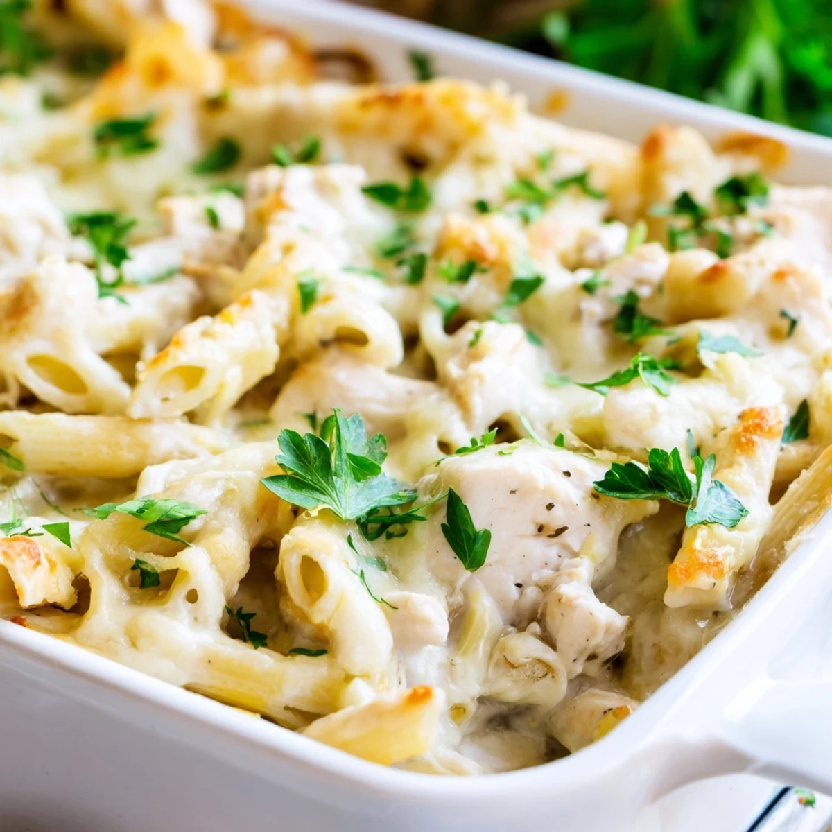 Golden-brown Chicken Alfredo Casserole fresh from the oven, with melted mozzarella bubbling over creamy penne and tender chicken pieces.
