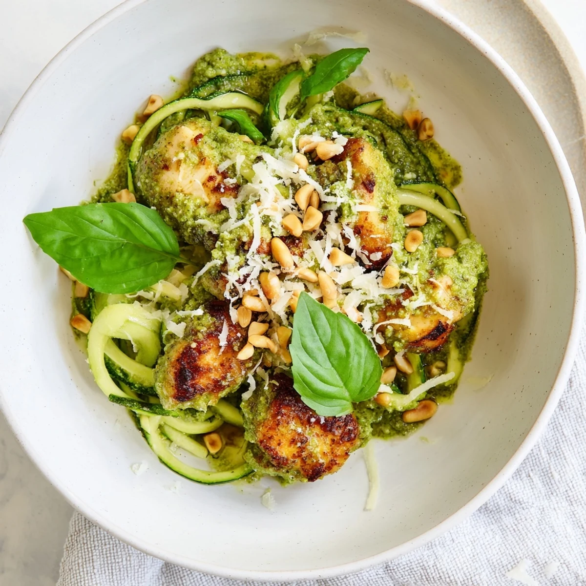 Close-up of Pesto Zucchini Chicken Bowl showing juicy chicken pieces tossed with bright green pesto sauce, zucchini strands, and a sprinkle of Parmesan cheese.