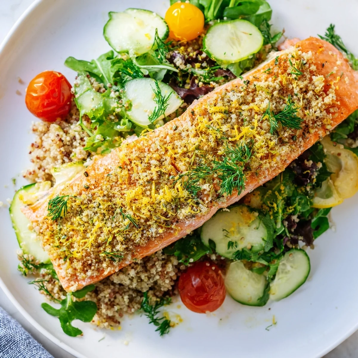 Flaky baked lemon herb salmon sits atop a colorful quinoa salad with crisp greens and fresh herbs.  