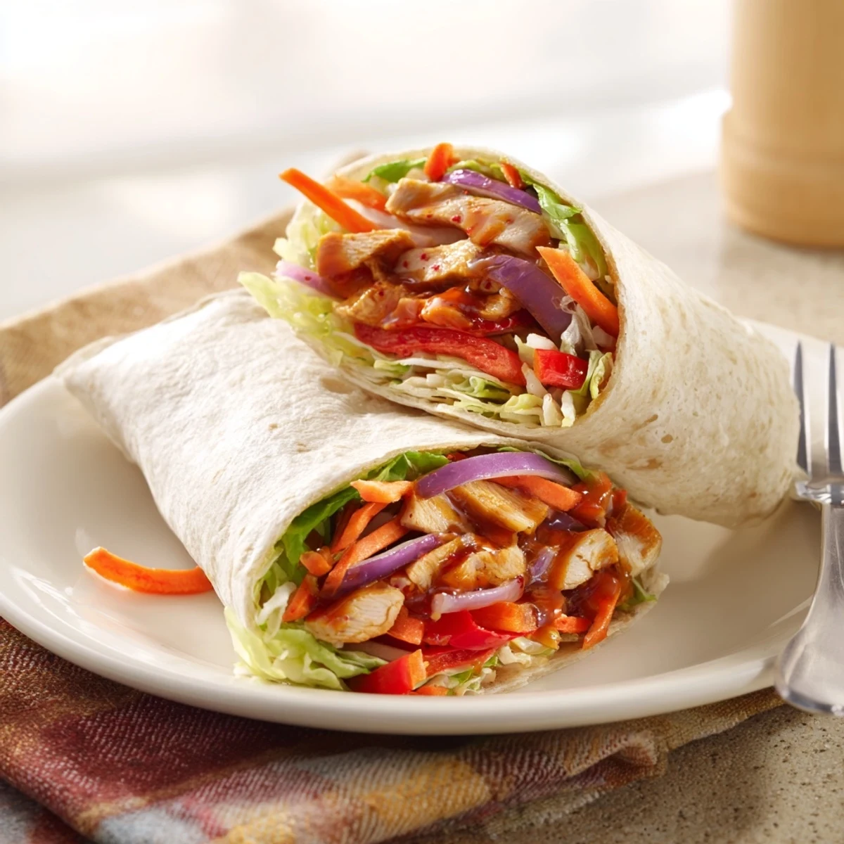 A freshly made honey sriracha chicken wrap on a wooden board, topped with cilantro and served alongside a light, refreshing lager.  